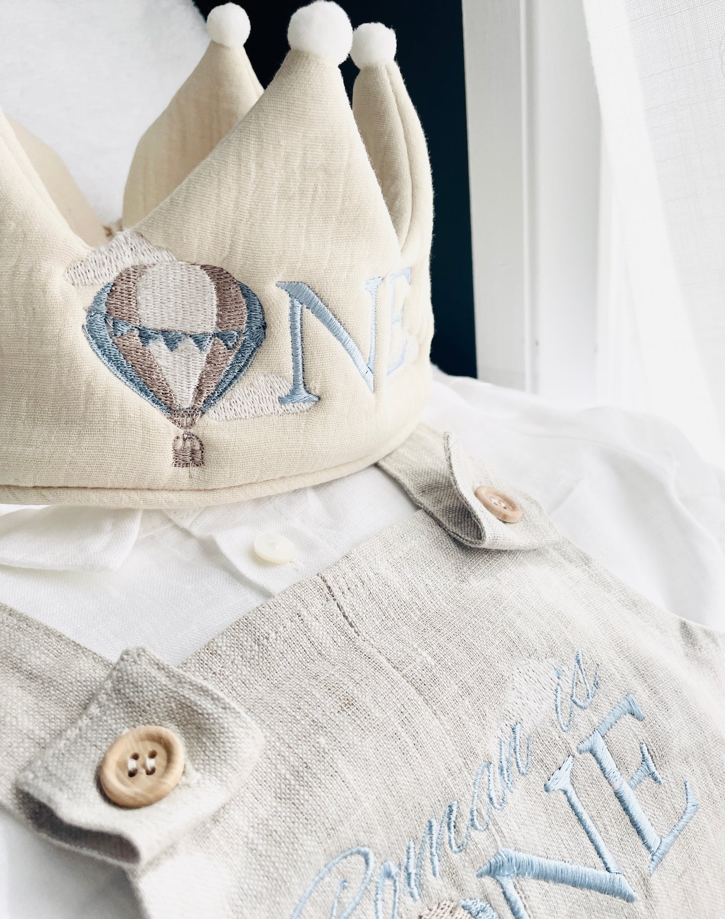 Beige or white Linen Birthday crown hat with embroidery