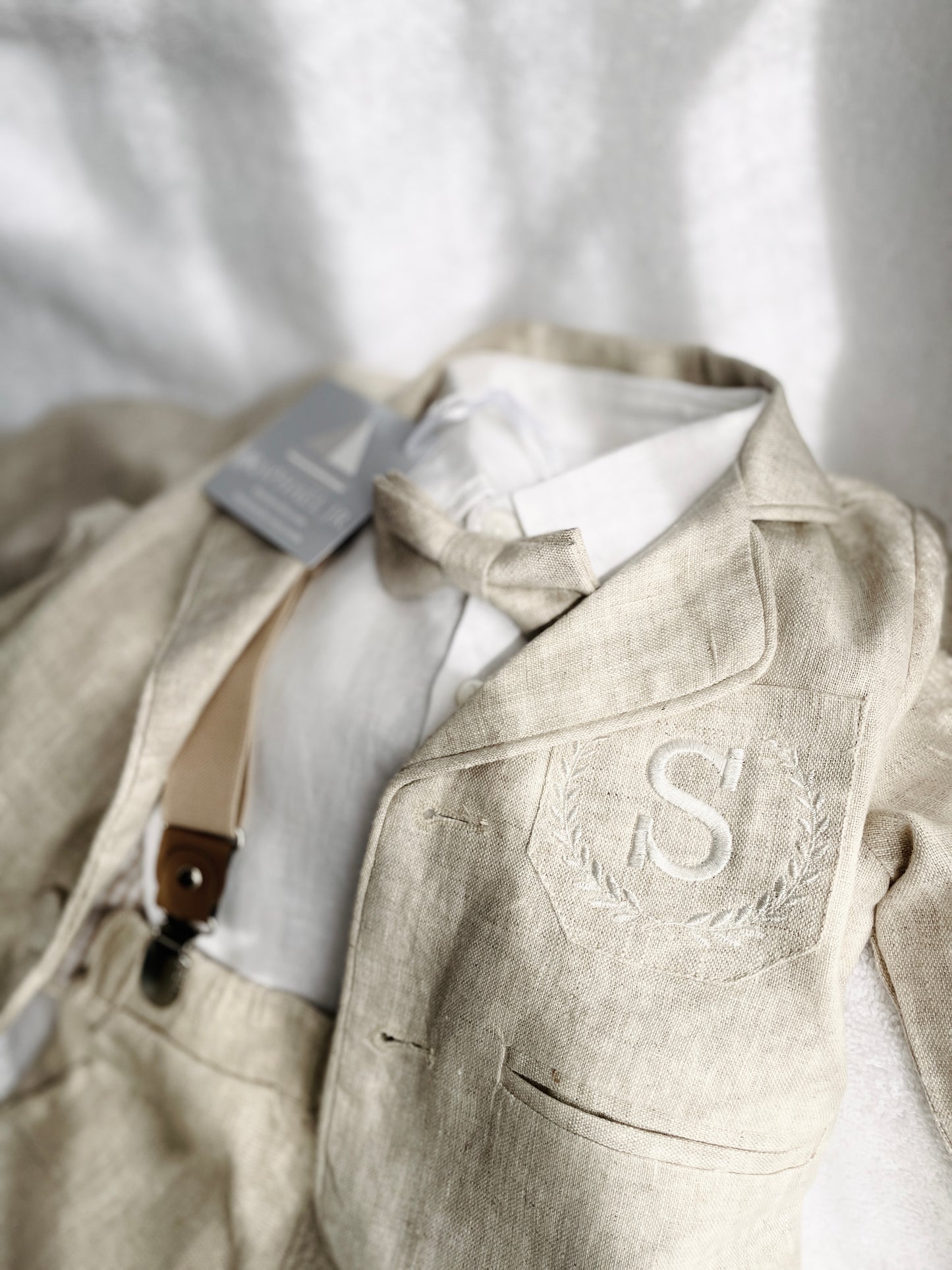 Baby and Toddler Boys white and beige linen set with vest, shirt, pants, suspenders and bowtie plus optional jacket, cap and shoes