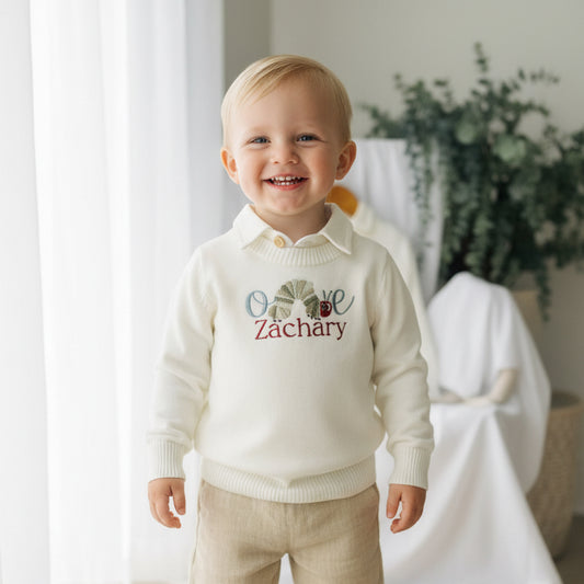 Birthday outfit with cotton onesie and embroidered jumper and linen pants