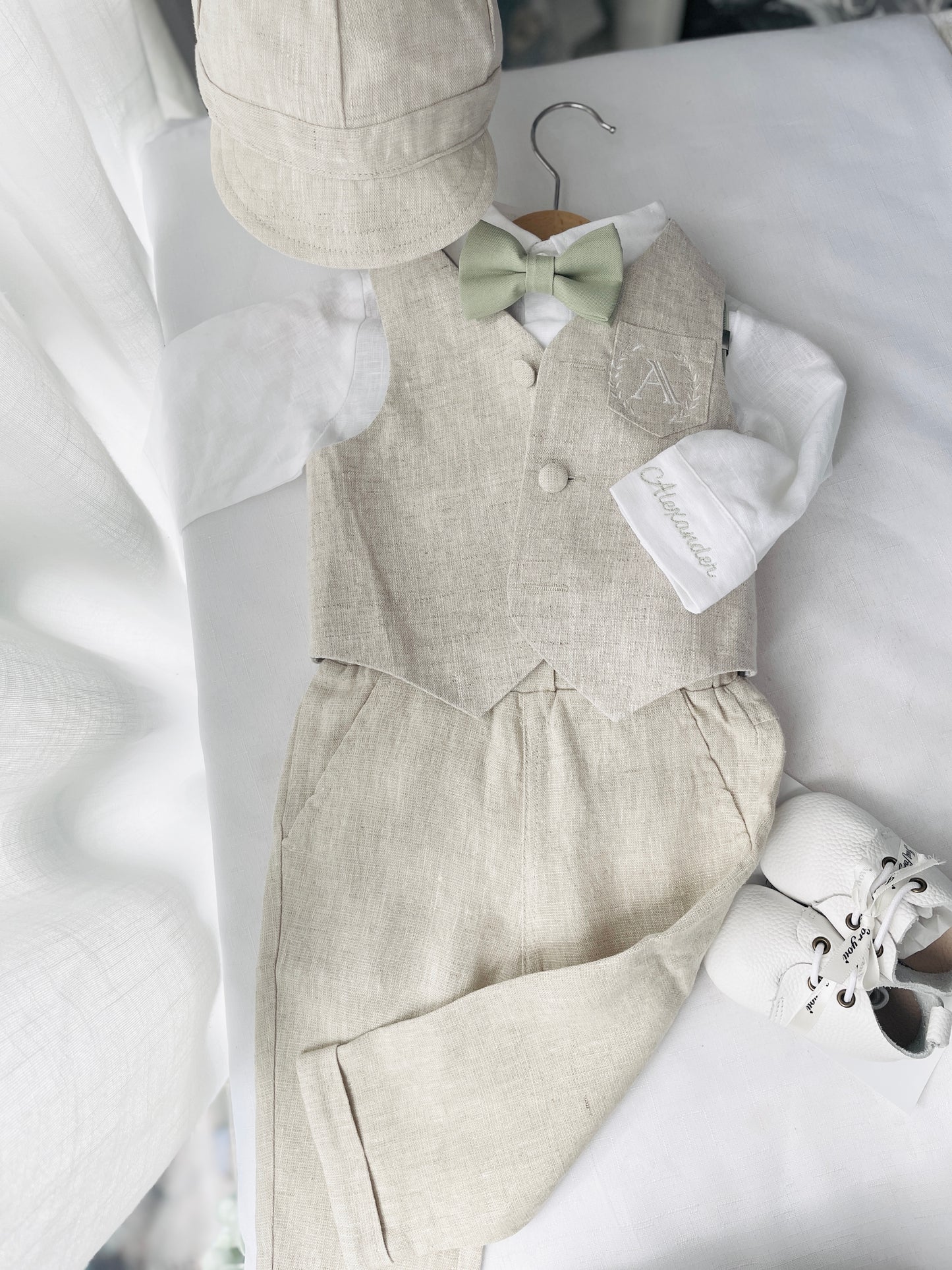 Beige linen set with vest, shirt, pants, suspenders and bowtie plus optional jacket, cap and shoes