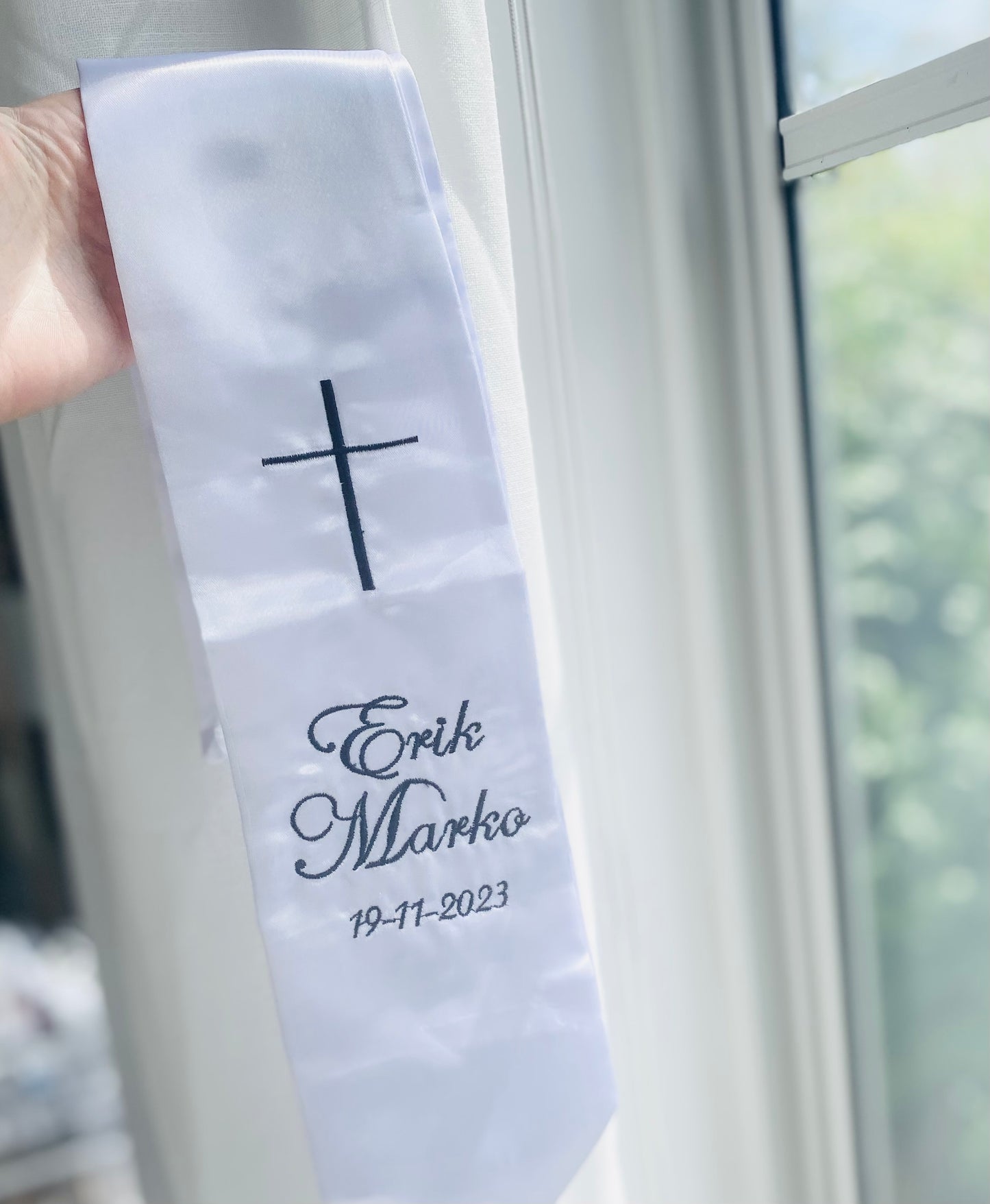 White satin children's sash stole for Baptisms 60in long