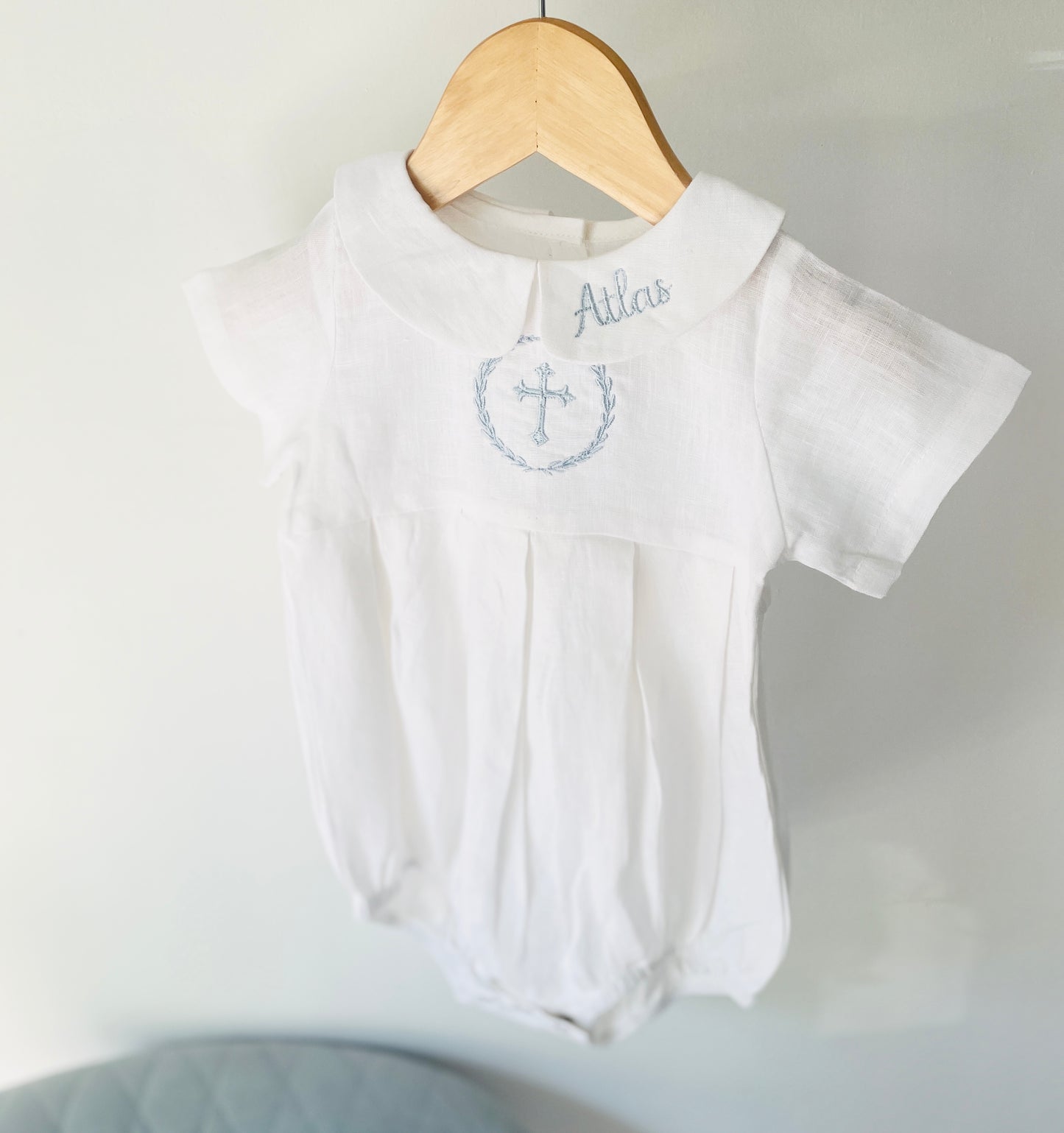 Linen Baptism peter pan collar romper outfit with optional embroidery customisation