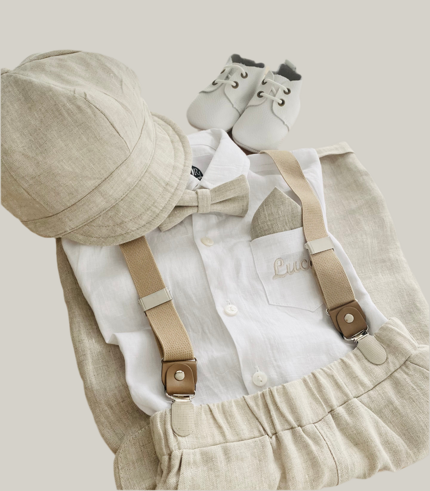 Beige linen baby and toddler boys formal baptism or wedding suit with accessories and optional personalisation