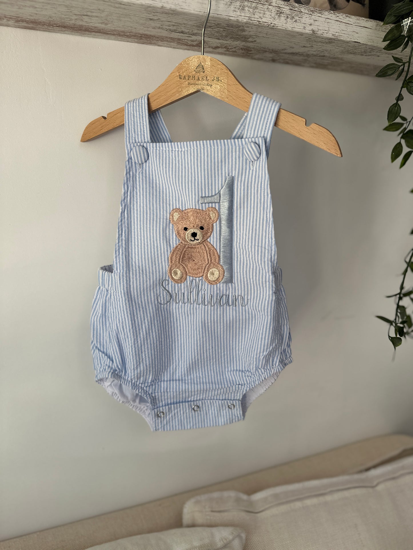 Boys Blue Seersucker teddy bear First Birthday romper
