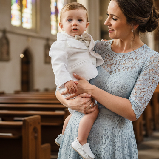 White linen Baptism vest set with shirt, suspender shorts, bowtie and optional embroidery cap and shoes