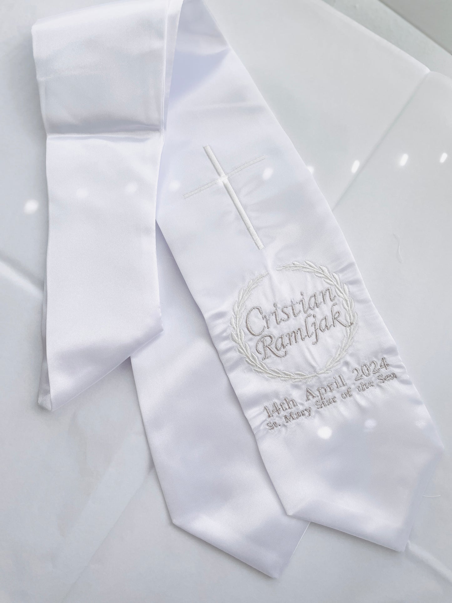White satin children's sash stole for Baptisms 60in long