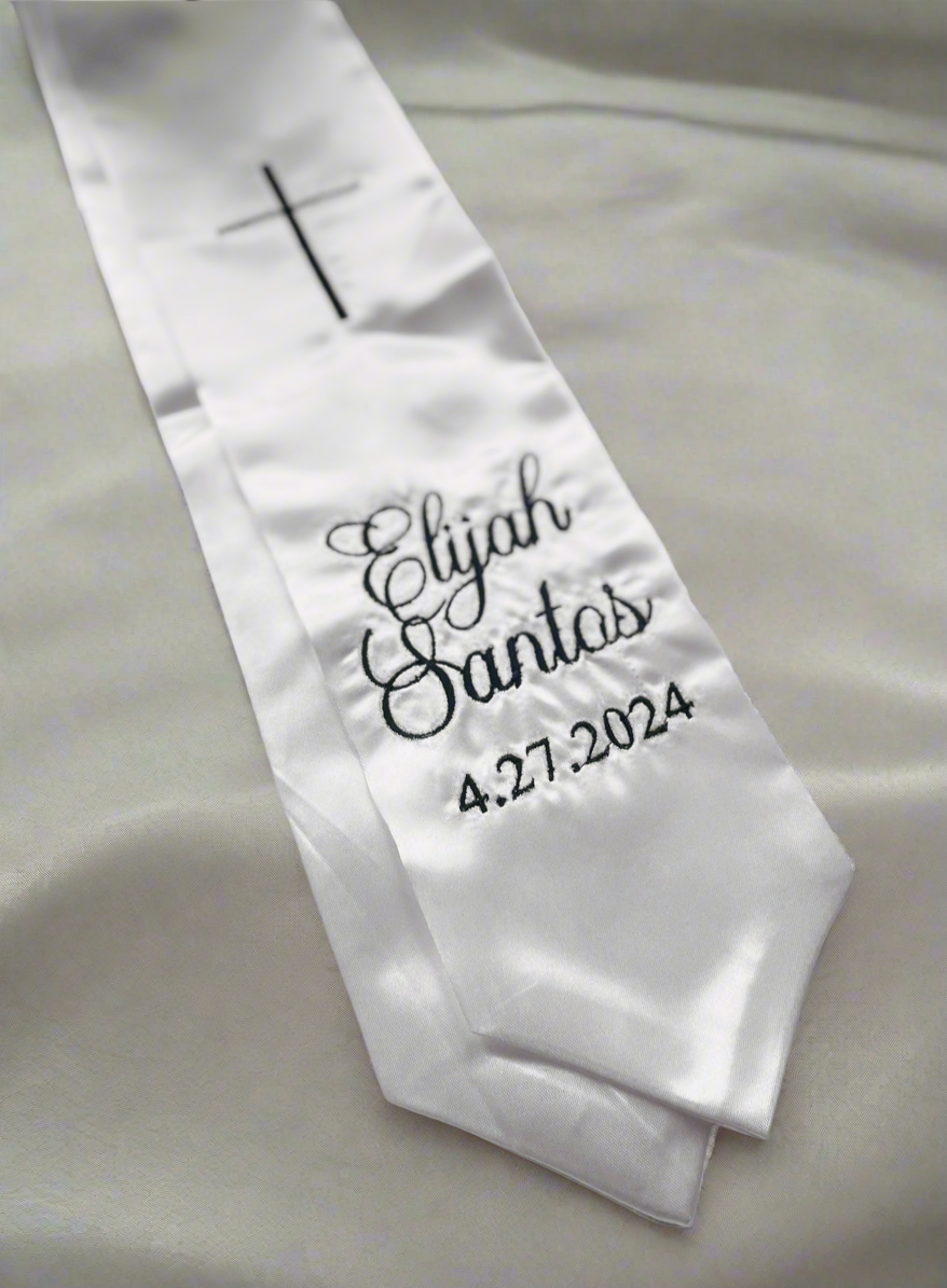 White satin children's sash stole for Baptisms 60in long