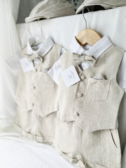 Beige Linen Shorts Shirt Suspenders and Vest set with Optional Cap Jacket and Embroidery