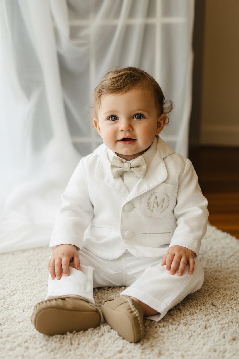 White linen Baptism suit set with pants, shirt, suspenders and bowtie plus optional jacket and extras