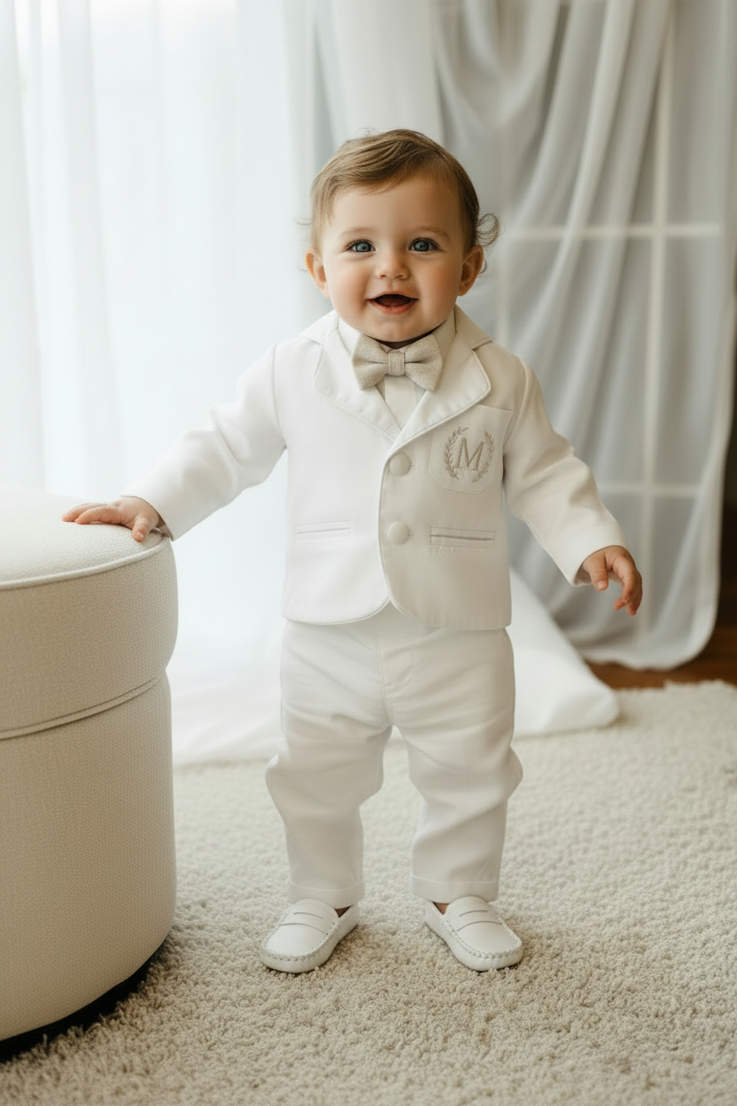 Boys White linen Baptism blazer jacket with optional embroidery