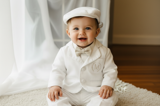 Boys white linen full 5 piece suit with vest, jacket, shirt, pants, suspenders and bow tie plus extras