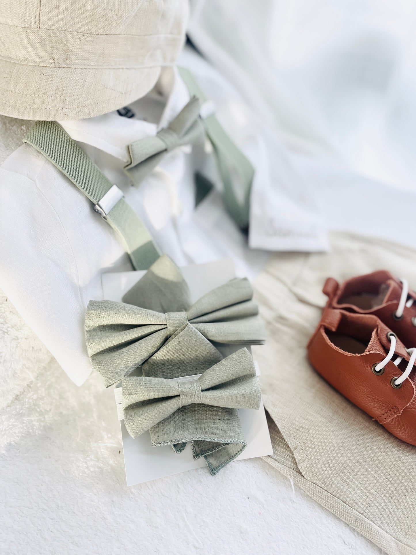 Boys white and beige linen set with vest, shirt, shorts, suspenders and bowtie