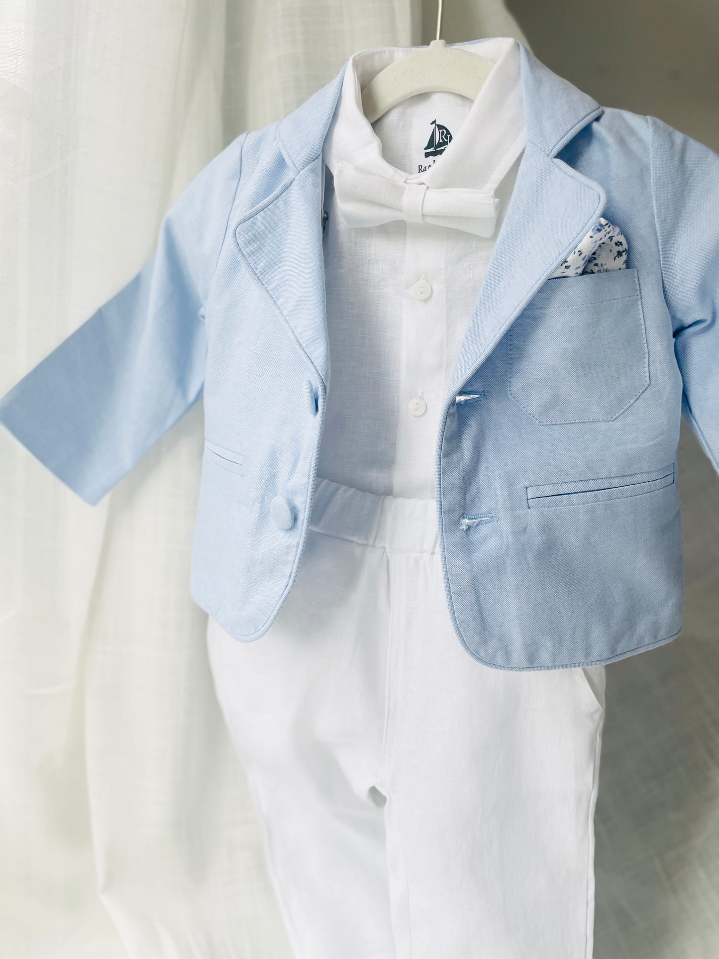 Baby and toddler boys pale blue chambray and and white linen full suit