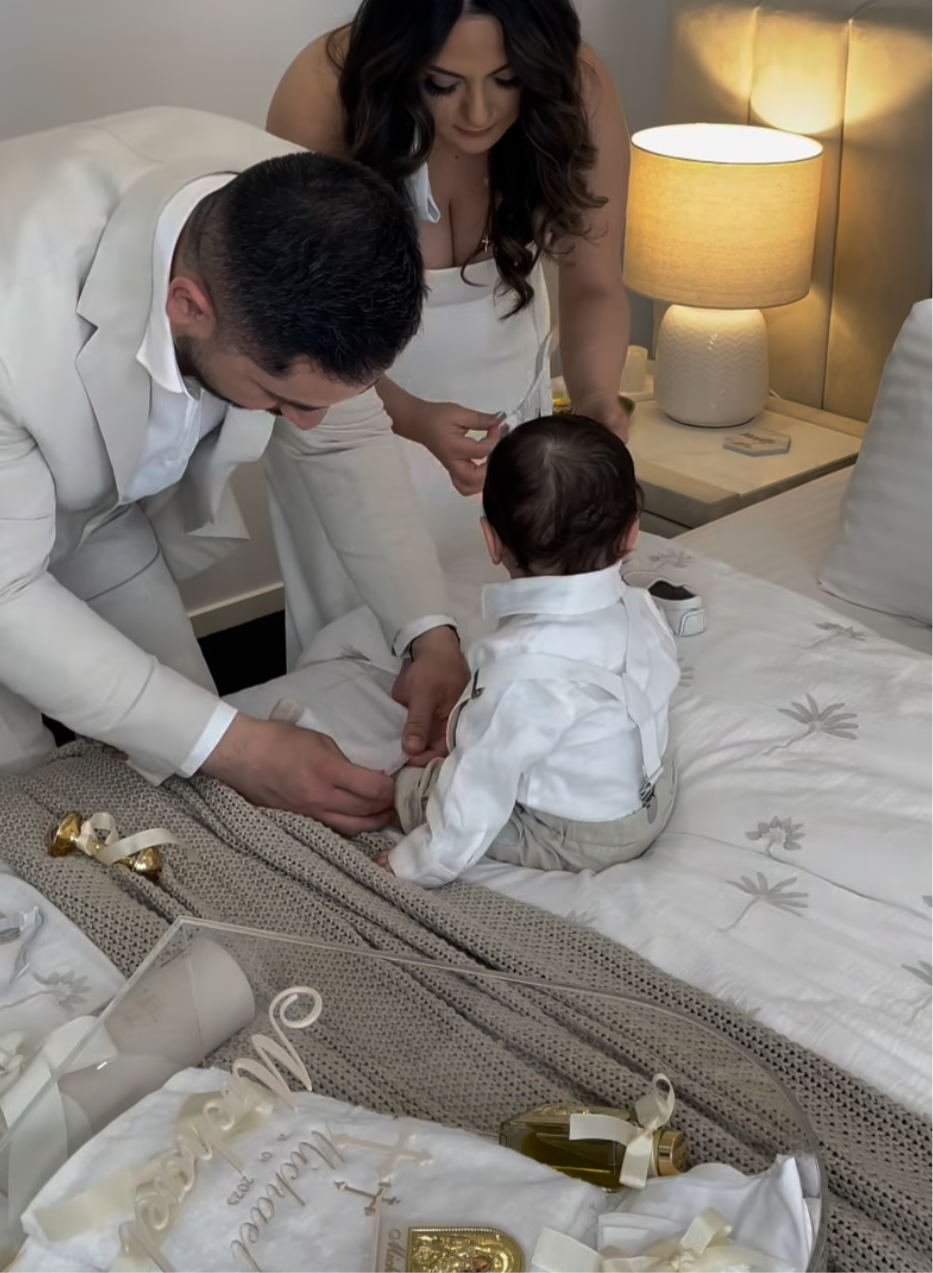 Beige linen pants and shirt set with bowtie and suspenders and optional personalisation