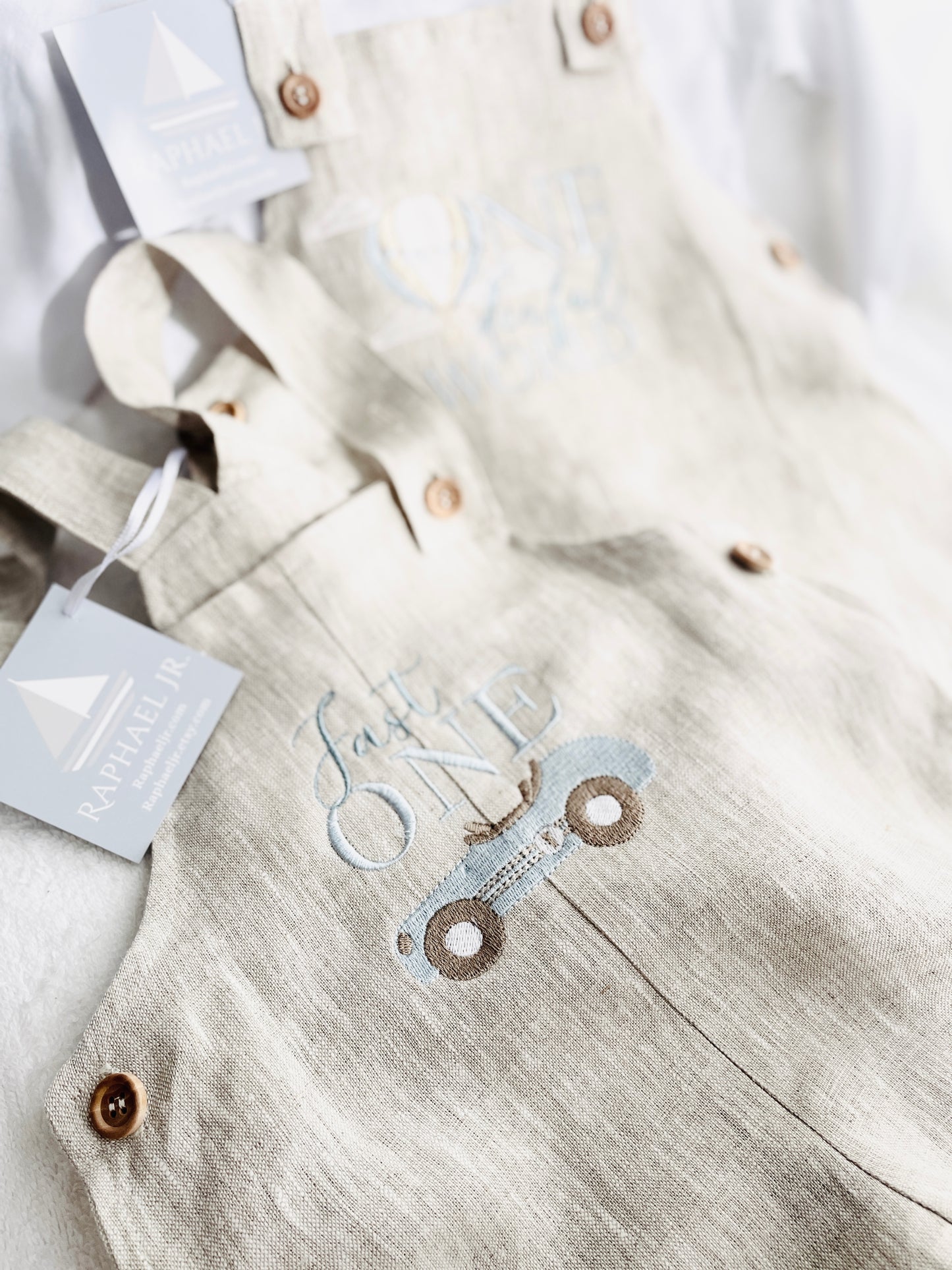 Boys Beige Linen Birthday overalls romper dungarees safari balloon fast car wild sea themes