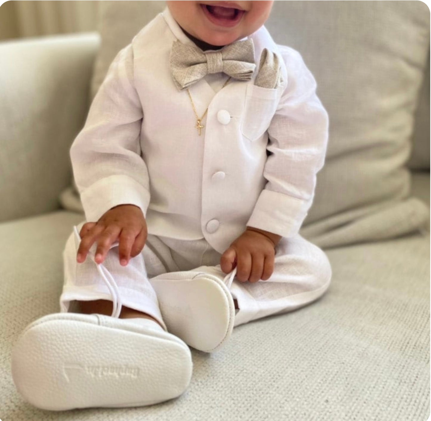 Baby and Toddler Boys white linen full length set with vest, shirt, pants, suspenders and bowtie