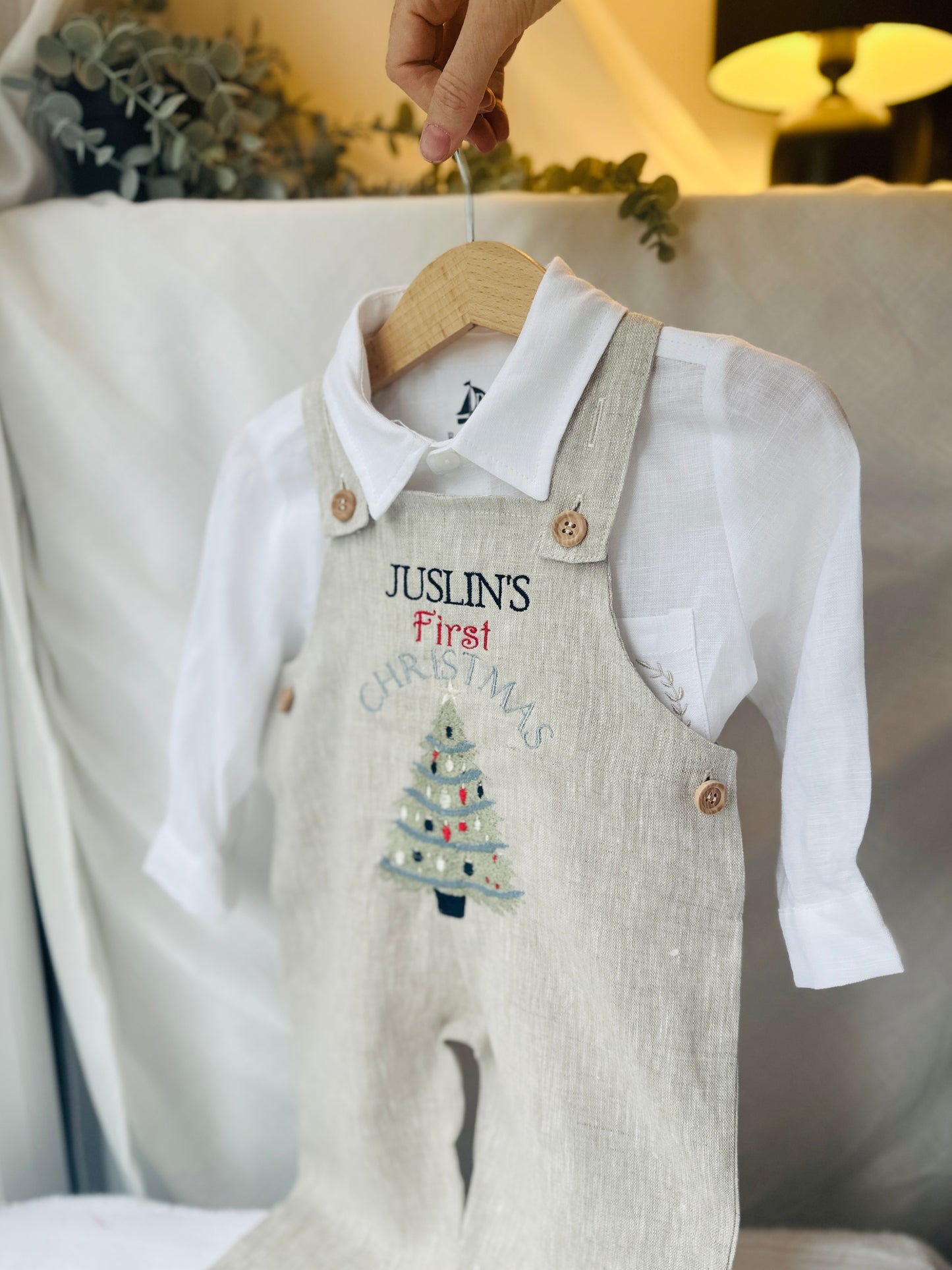 Boys Beige Linen Christmas overalls romper customisable