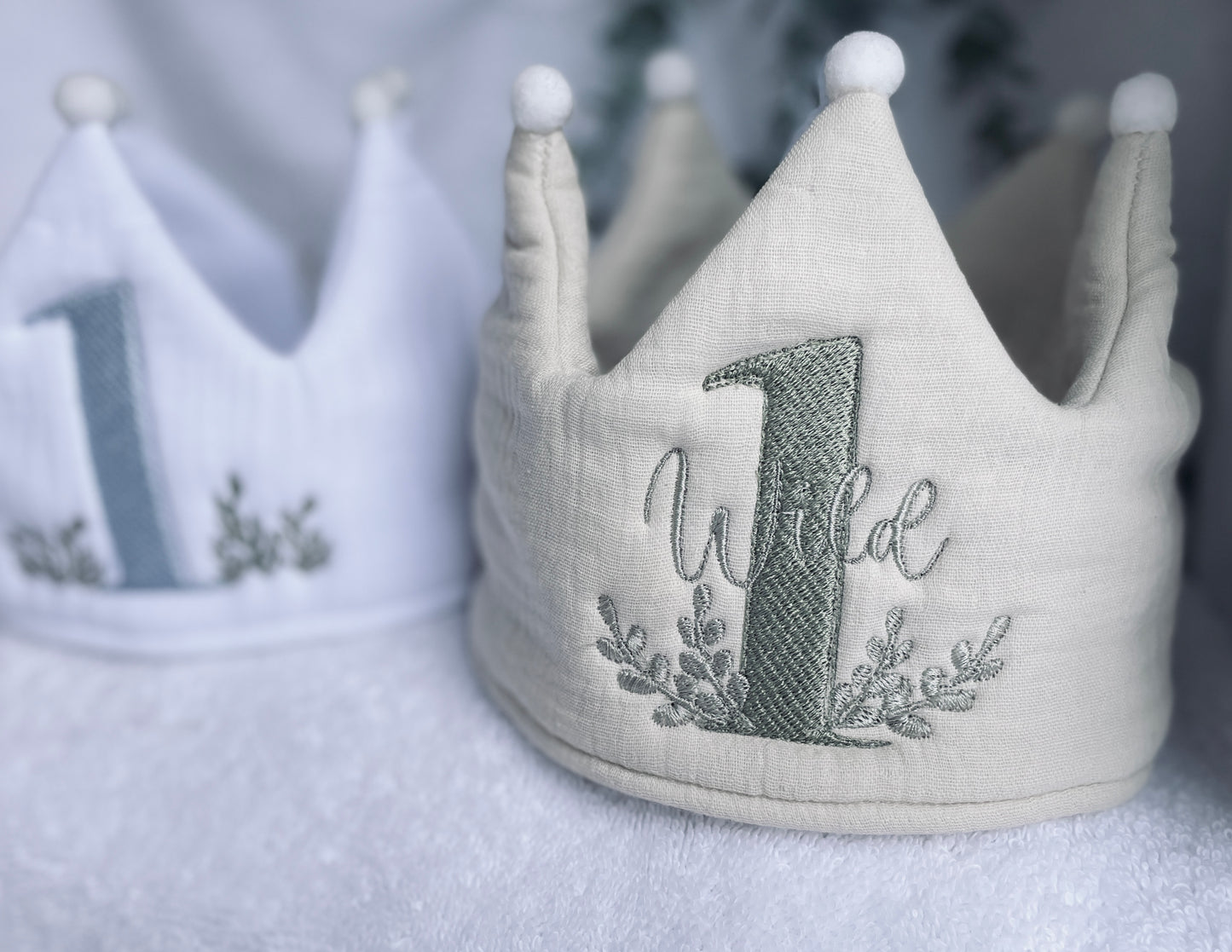Beige or white Linen Birthday crown hat with embroidery