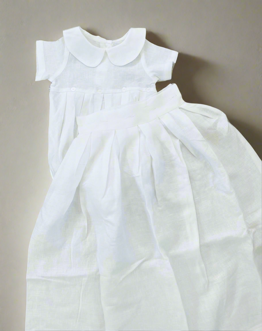 White Linen Baptism Gown romper with detachable skirt dress and optional embroidery