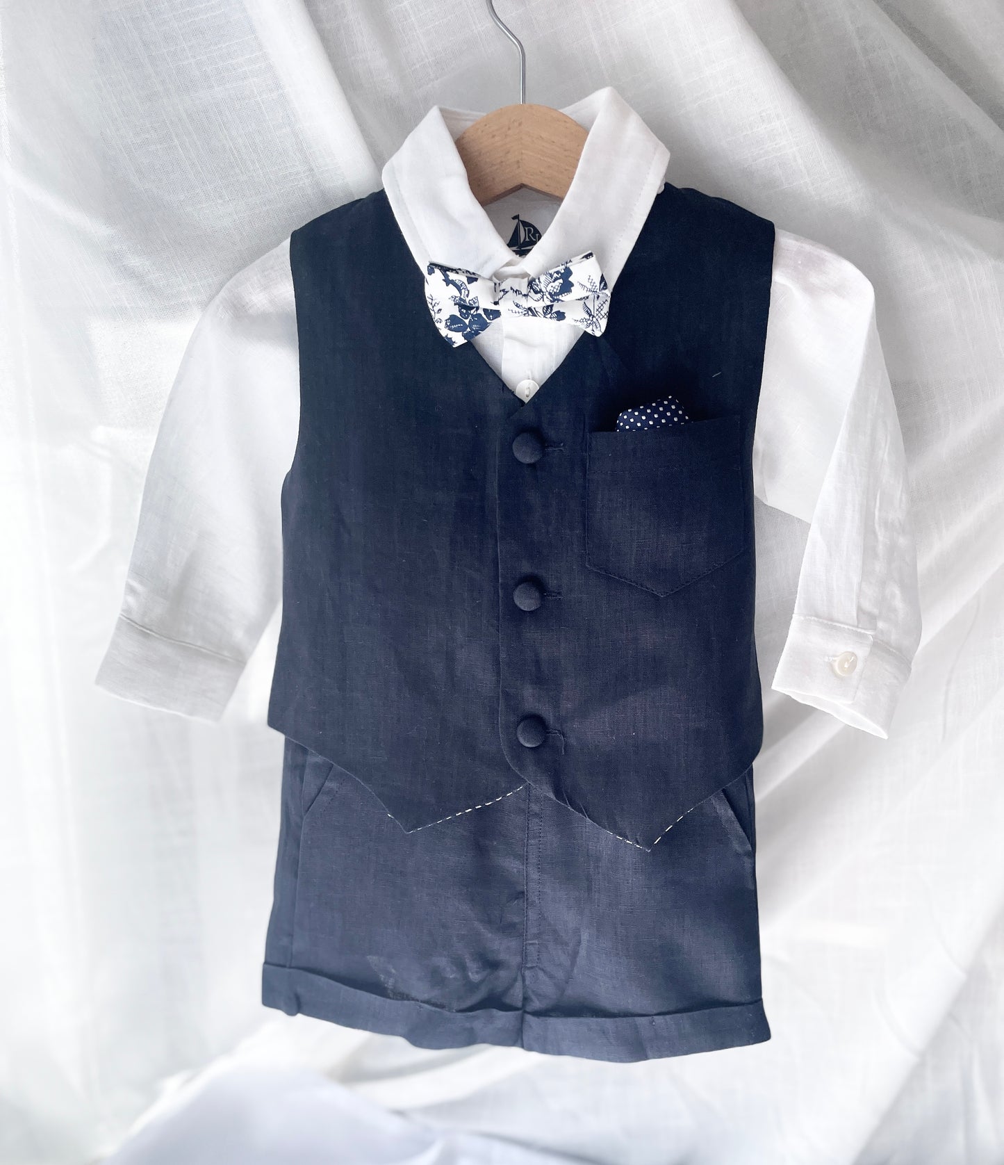 Navy blue linen summer set with vest, shorts, shirt, suspenders and bow tie plus optional jacket, embroidery, shoes and cap