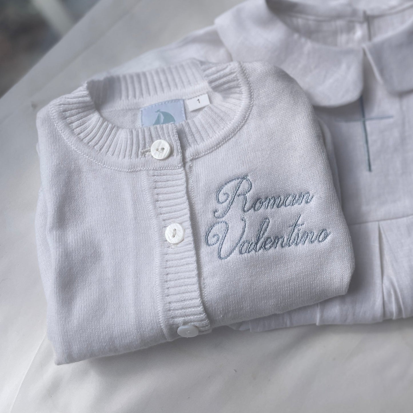 Size 1 White cotton cardigan with dusty blue embroidery Roman Valentino