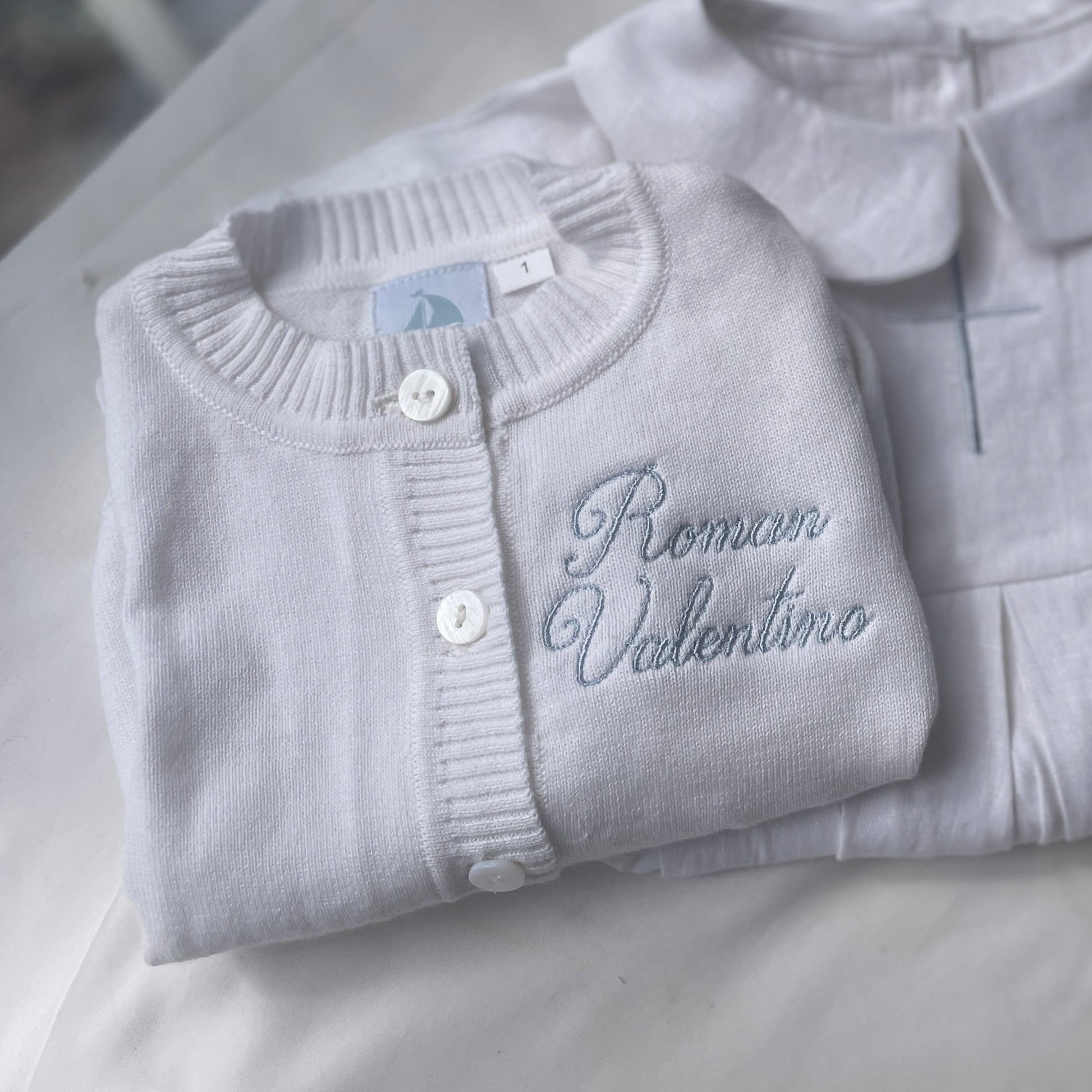 Size 1 White cotton cardigan with dusty blue embroidery Roman Valentino