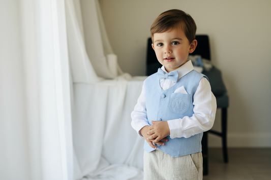 Beige Linen pants and blue vest outfit