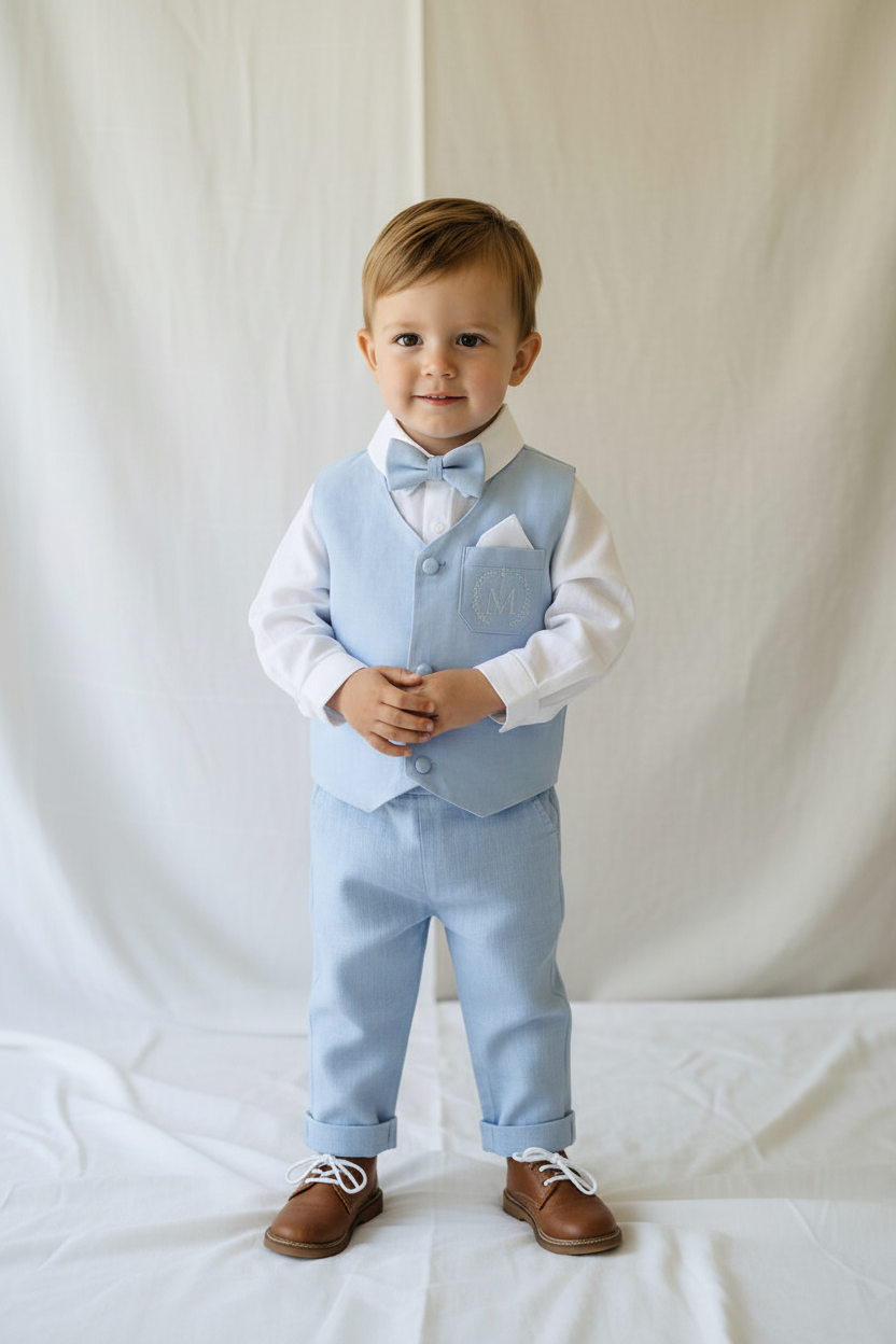 Baby and toddler boys pale blue chambray suit with blue vest, pants and jacket