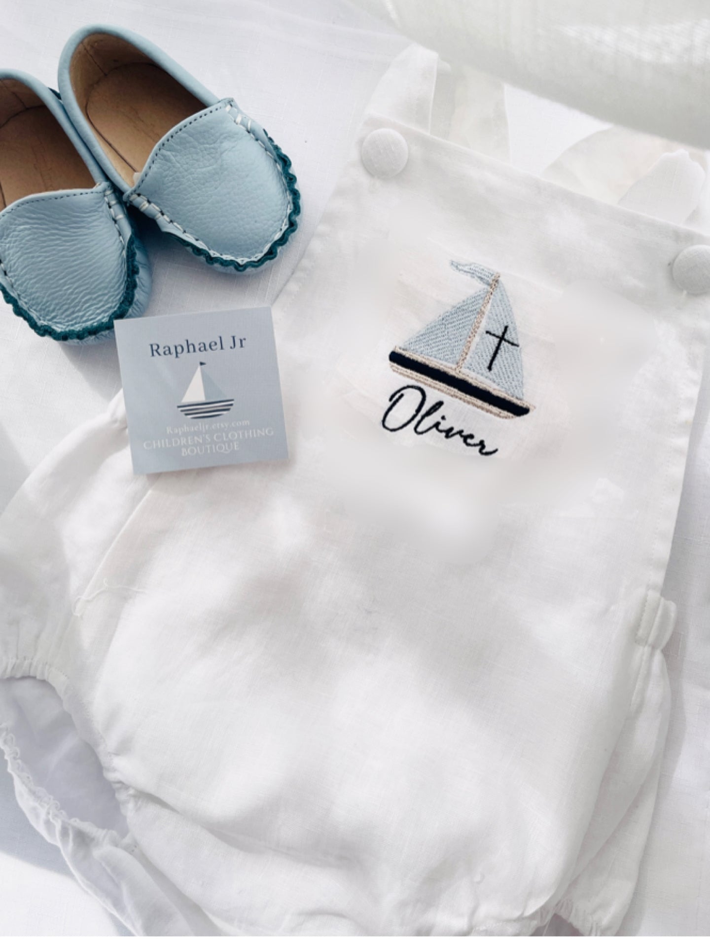 White linen Baptism romper overalls and linen shirt set