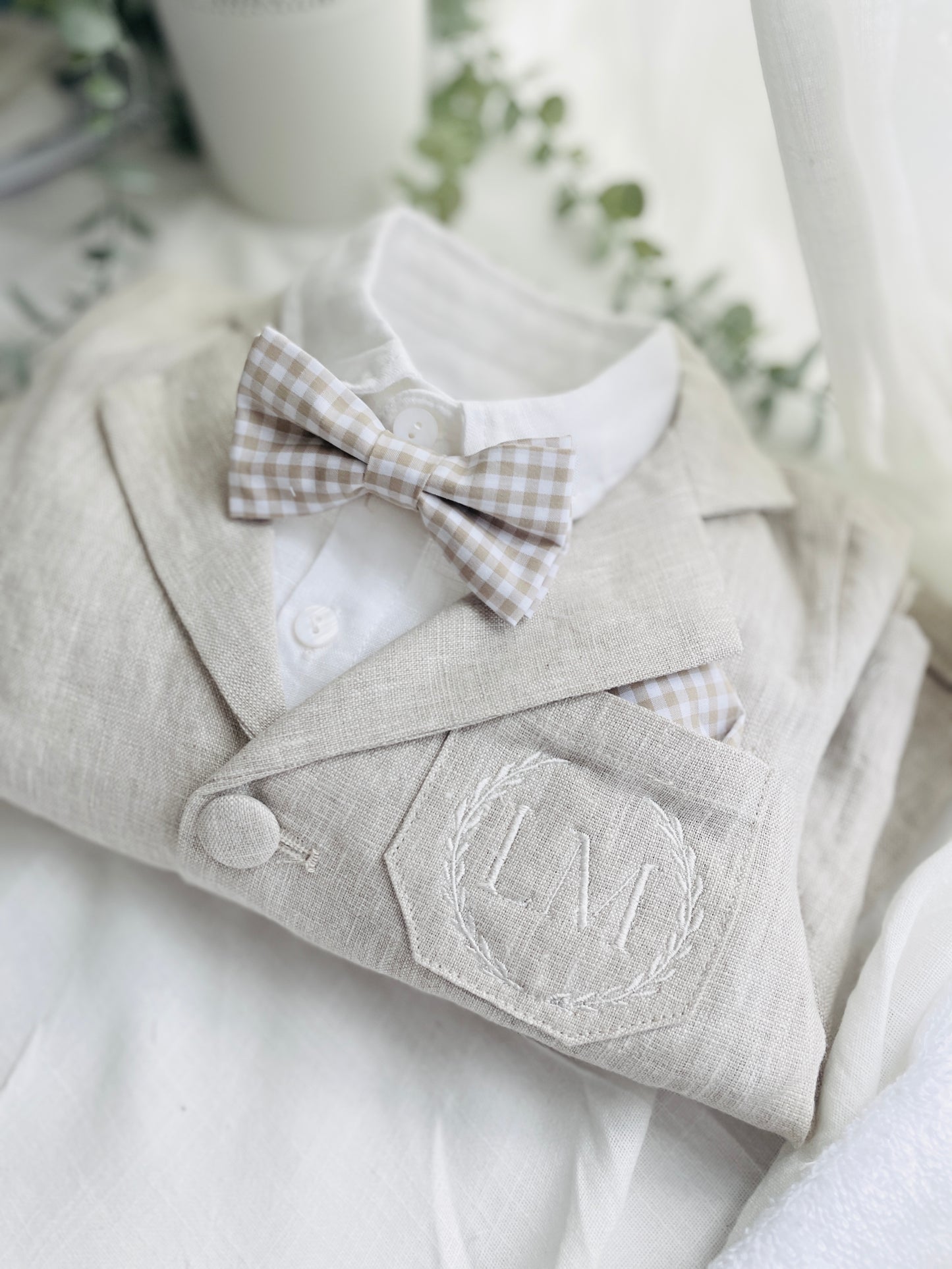 Linen Baptism Shorts, Suspenders and Shirt set with Optional Jacket