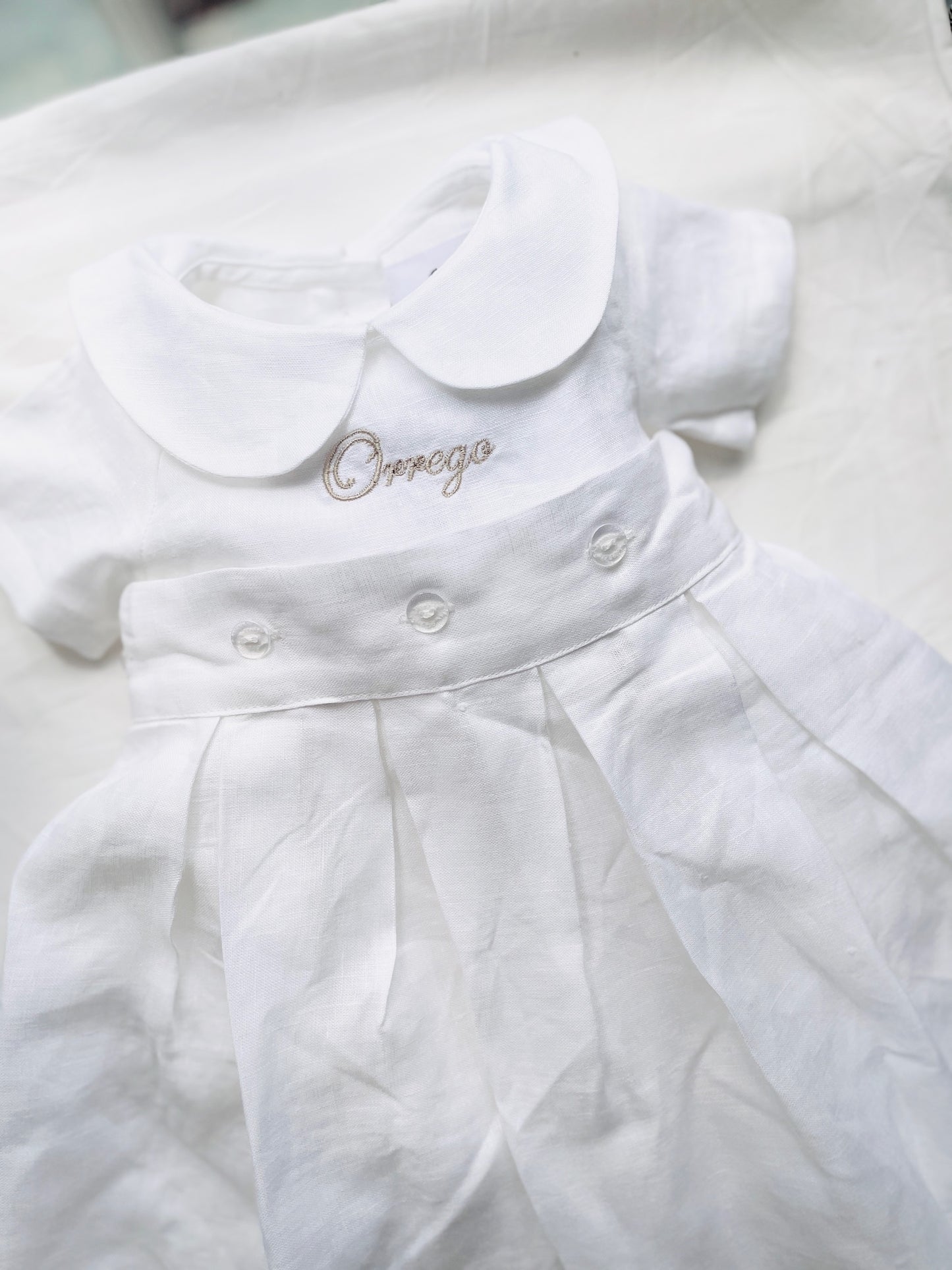 White Linen Baptism Gown romper with detachable skirt dress and optional embroidery