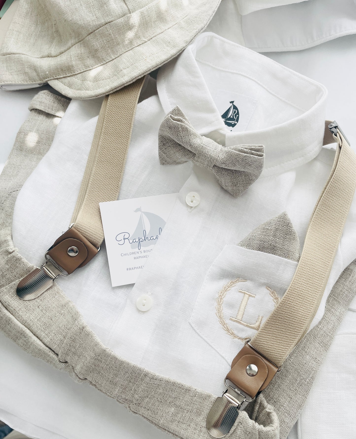 Beige linen baby and toddler boys formal baptism or wedding suit with accessories and optional personalisation