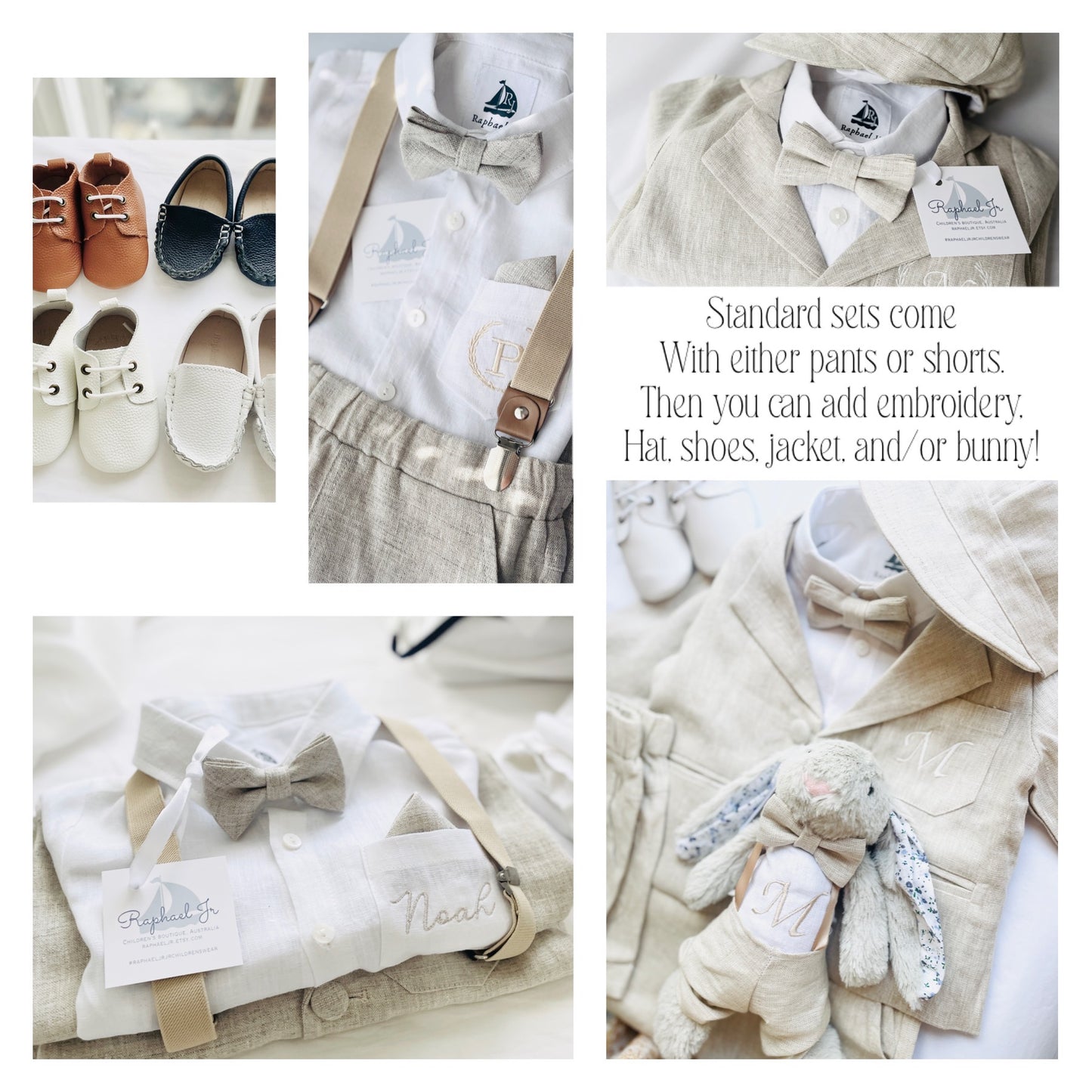 Beige linen pants and shirt set with bowtie and suspenders and optional personalisation