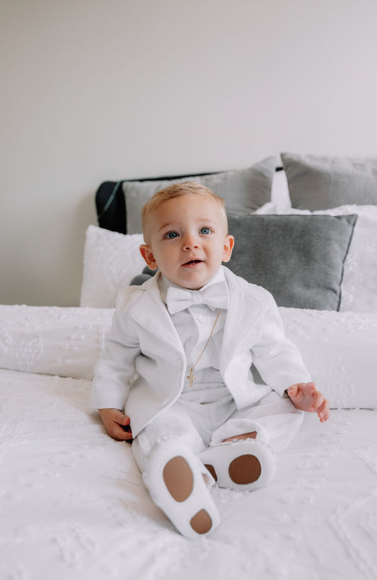 White linen Baptism suit set with pants, shirt, suspenders and bowtie plus optional jacket and extras