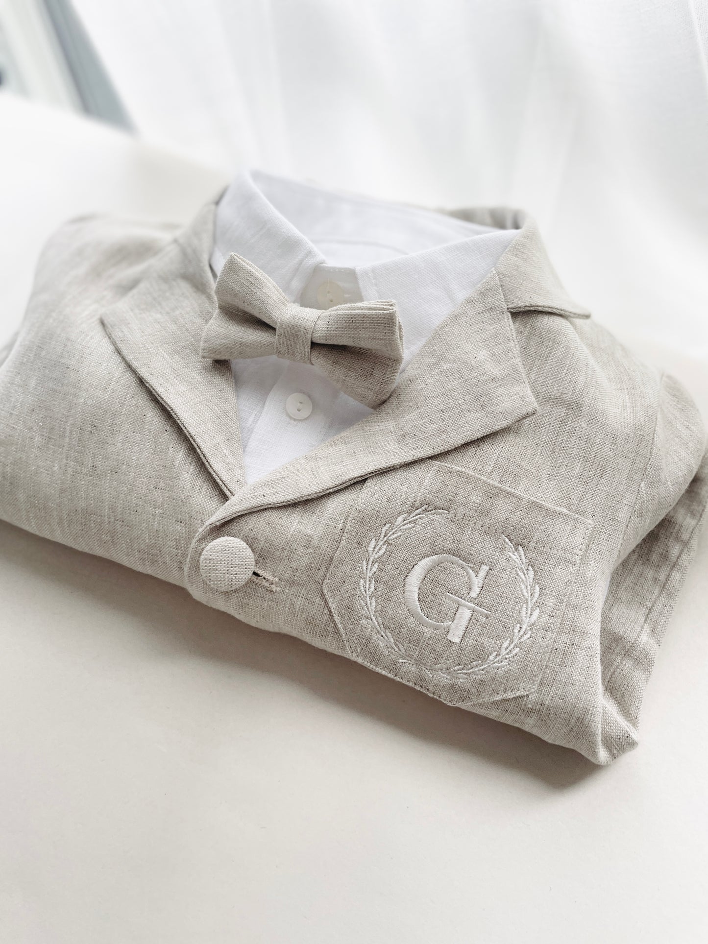 Beige linen baby and toddler boys formal baptism or wedding suit with accessories and optional personalisation