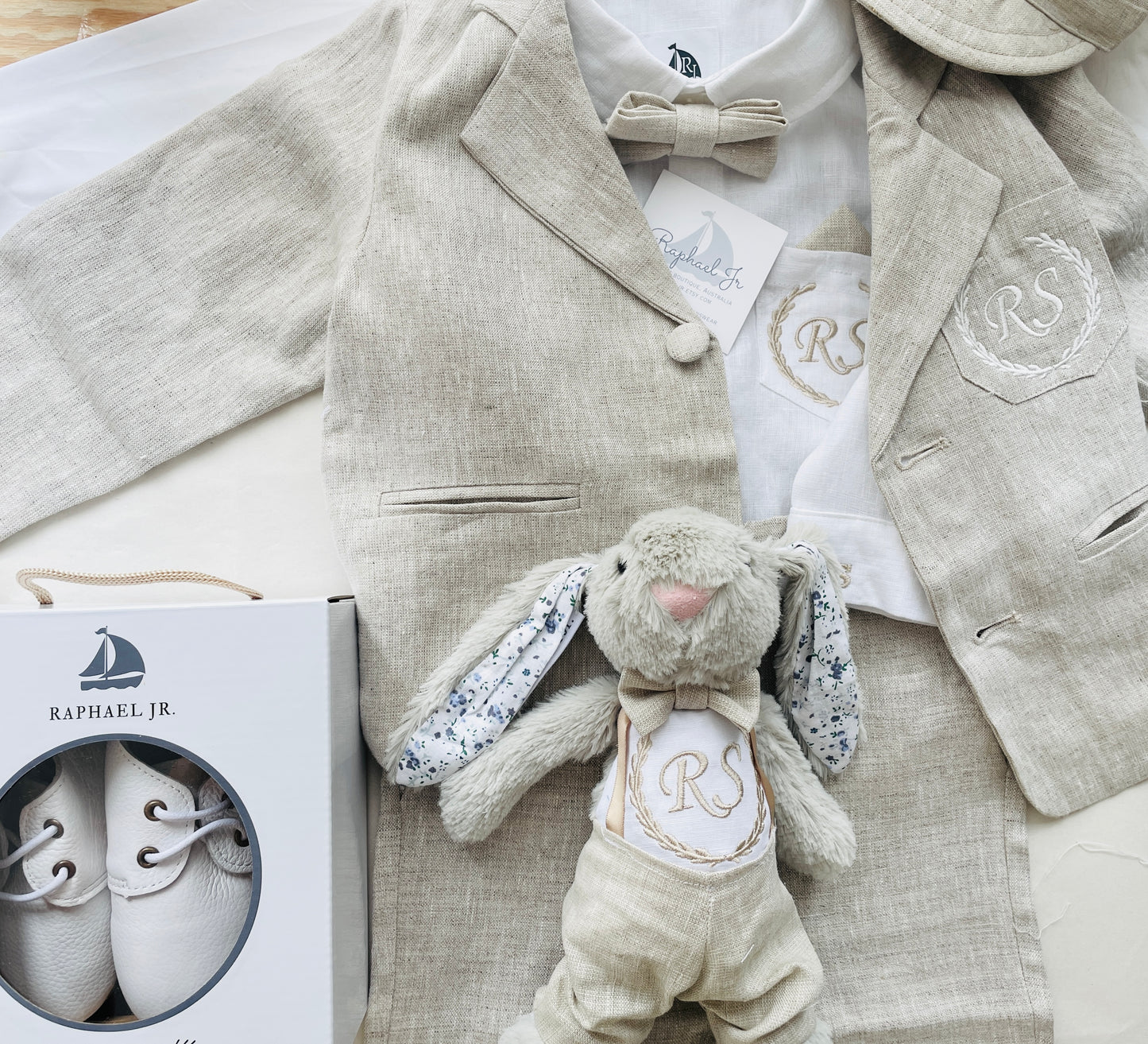 Beige linen baby and toddler boys formal baptism or wedding suit with accessories and optional personalisation