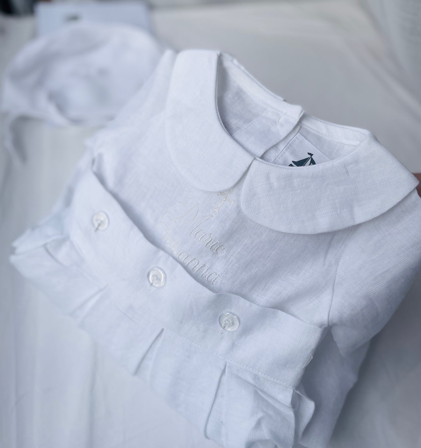 White Linen Baptism Gown romper with detachable skirt dress and optional embroidery