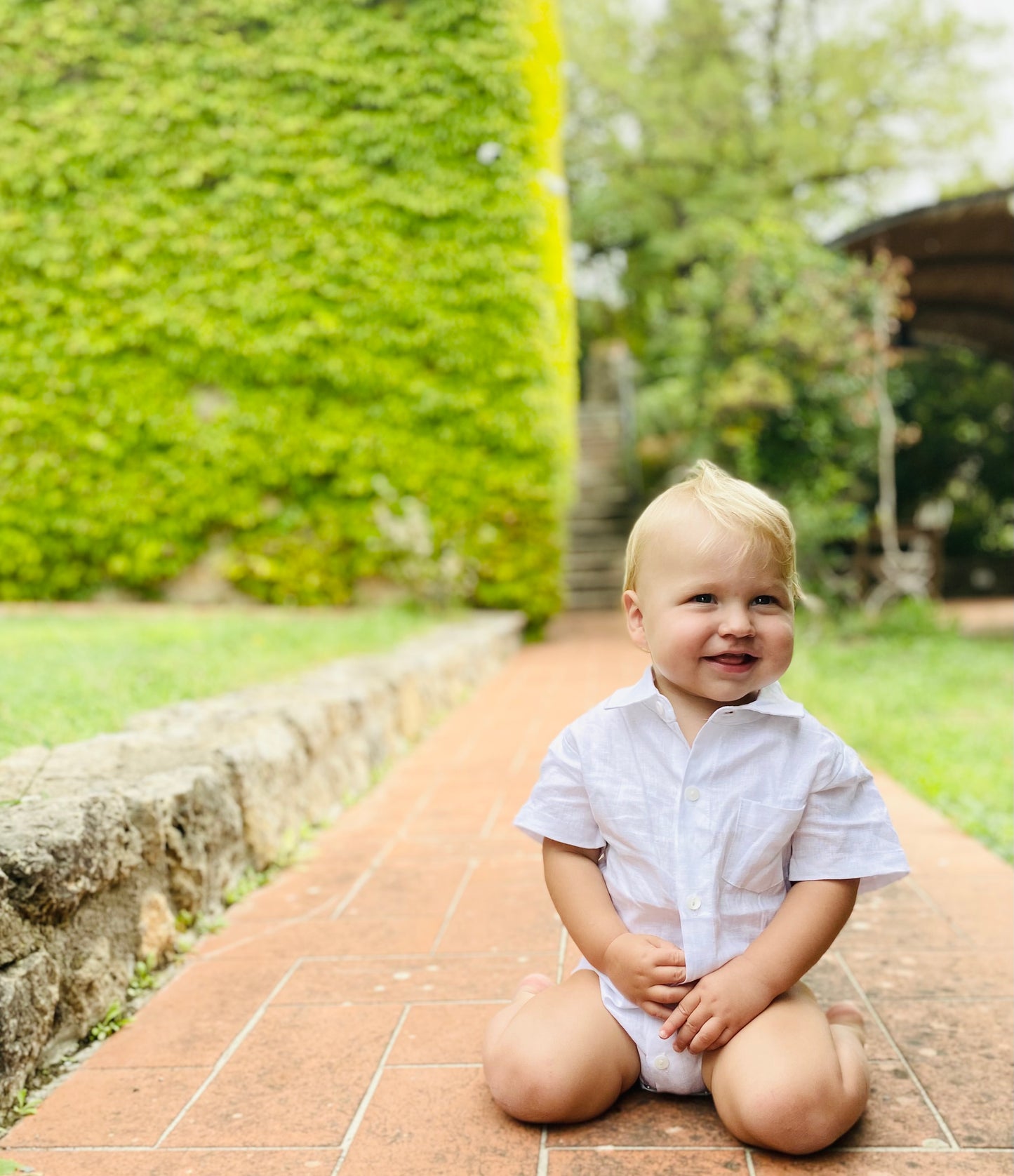 White linen summer Baptism suit set with shorts, shirt, suspenders and bowtie plus optional extras