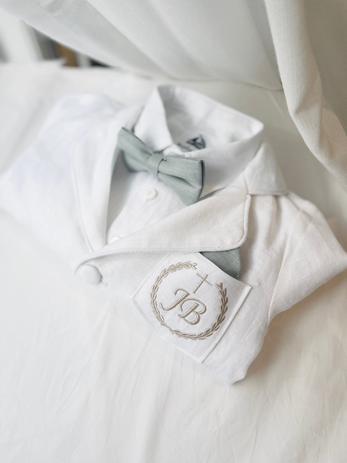 White linen Baptism suit set with pants, shirt, suspenders and bowtie plus optional extras