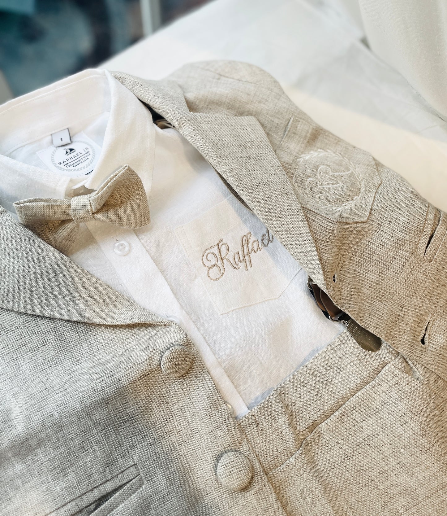 Beige linen baby and toddler boys formal baptism or wedding suit with accessories and optional personalisation