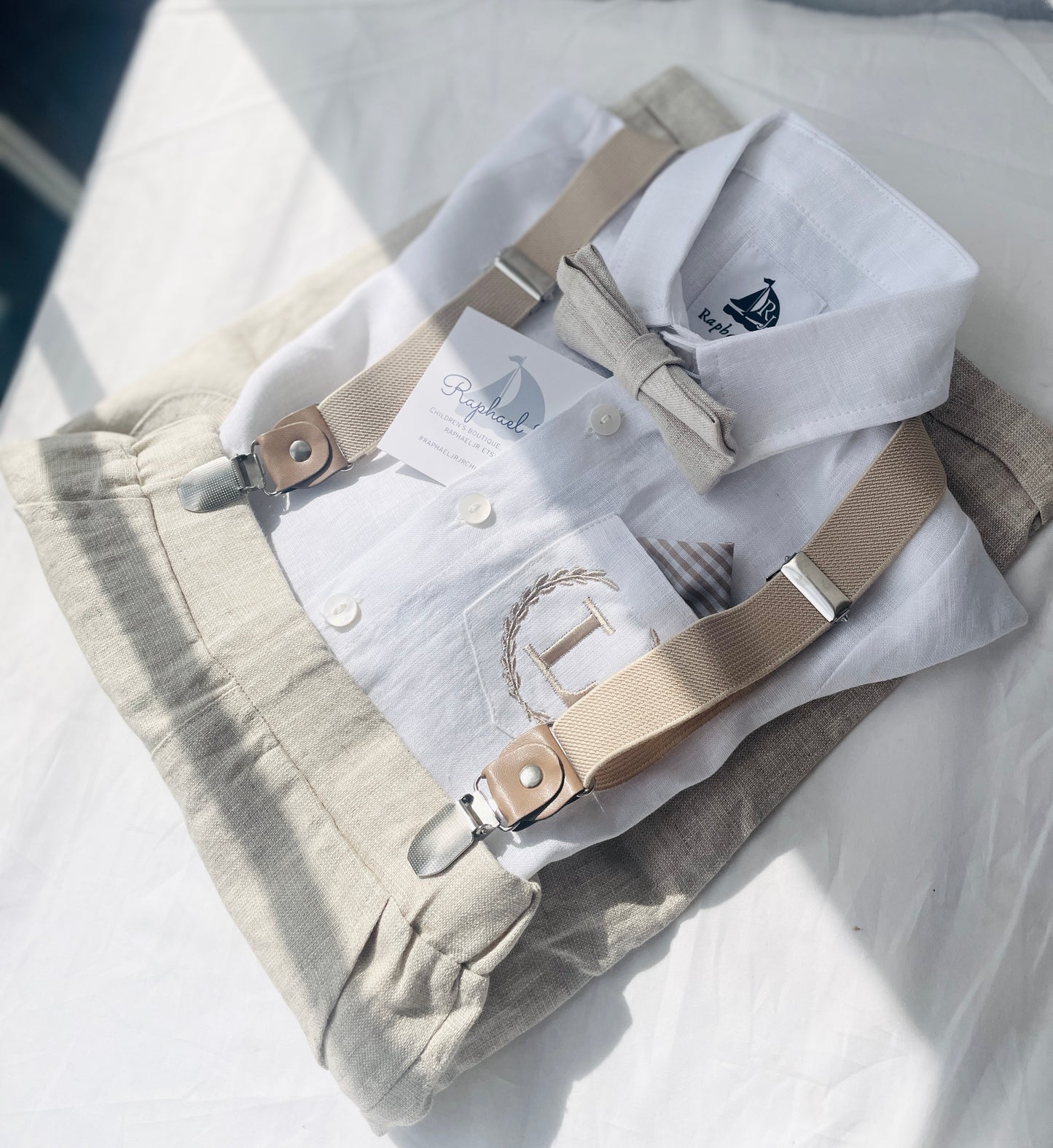 Beige linen baby and toddler boys formal baptism or wedding suit with accessories and optional personalisation