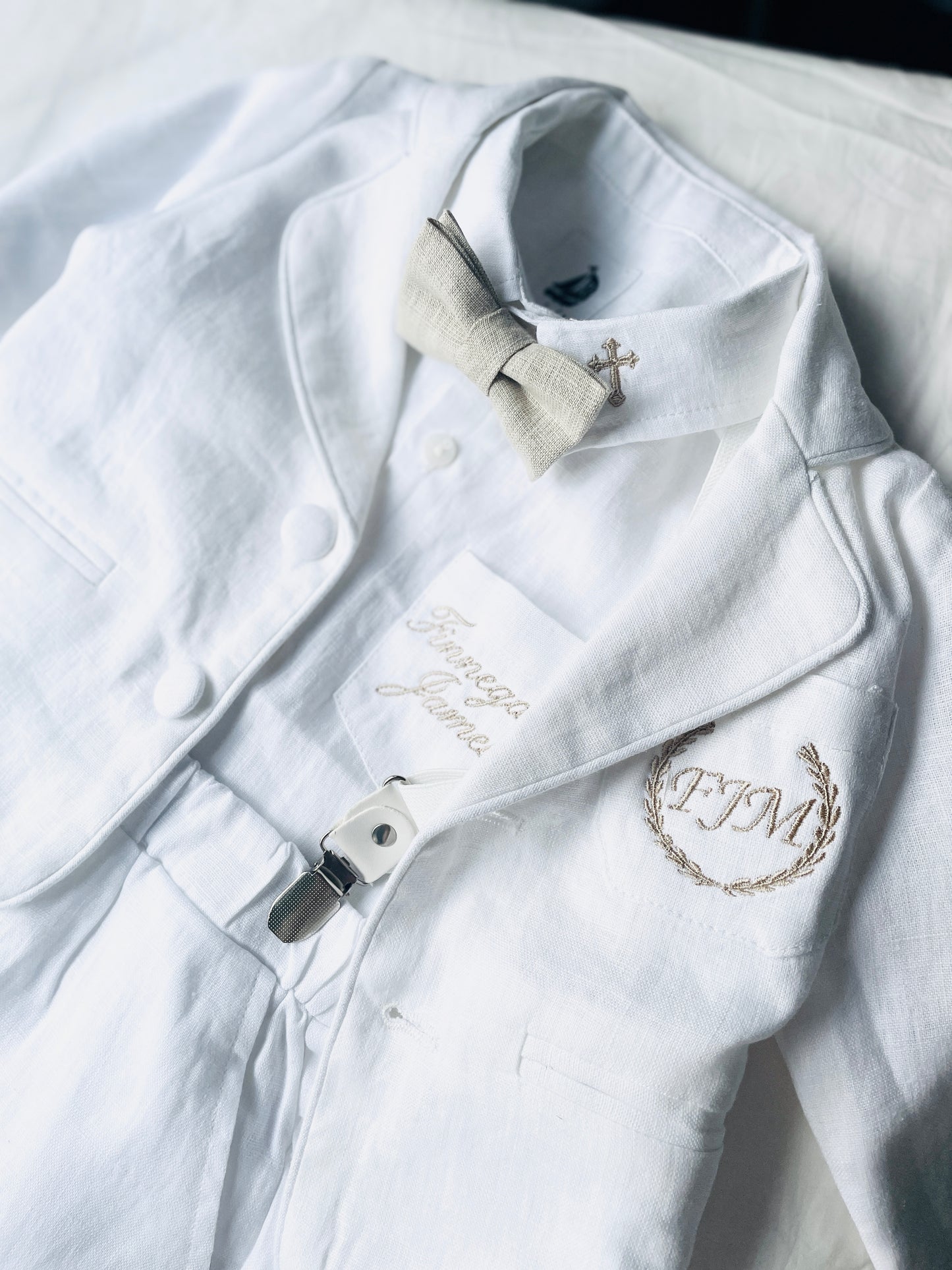 White linen Baptism suit set with pants, shirt, suspenders and bowtie plus optional extras