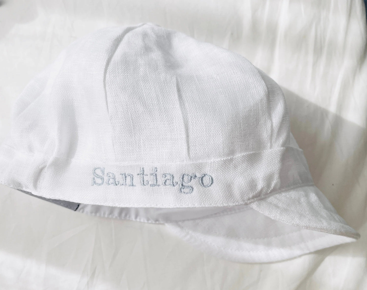 Baby and Toddler Boys pale blue and beige linen summer set with vest, shirt, shorts, suspenders and bowtie