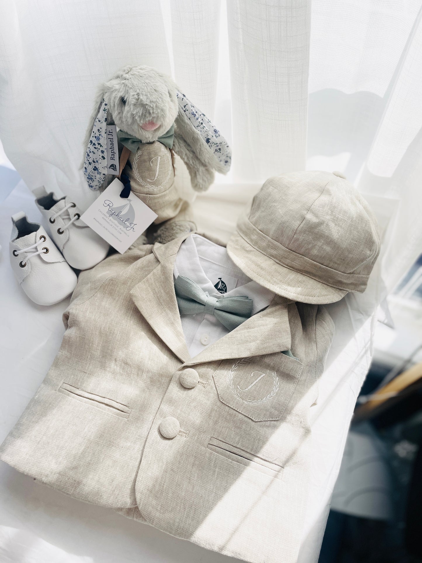 Beige linen baby and toddler boys formal baptism or wedding suit with accessories and optional personalisation