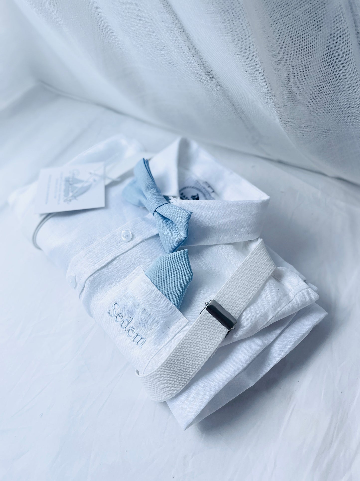 White linen summer Baptism suit set with shorts, shirt, suspenders and bowtie plus optional extras