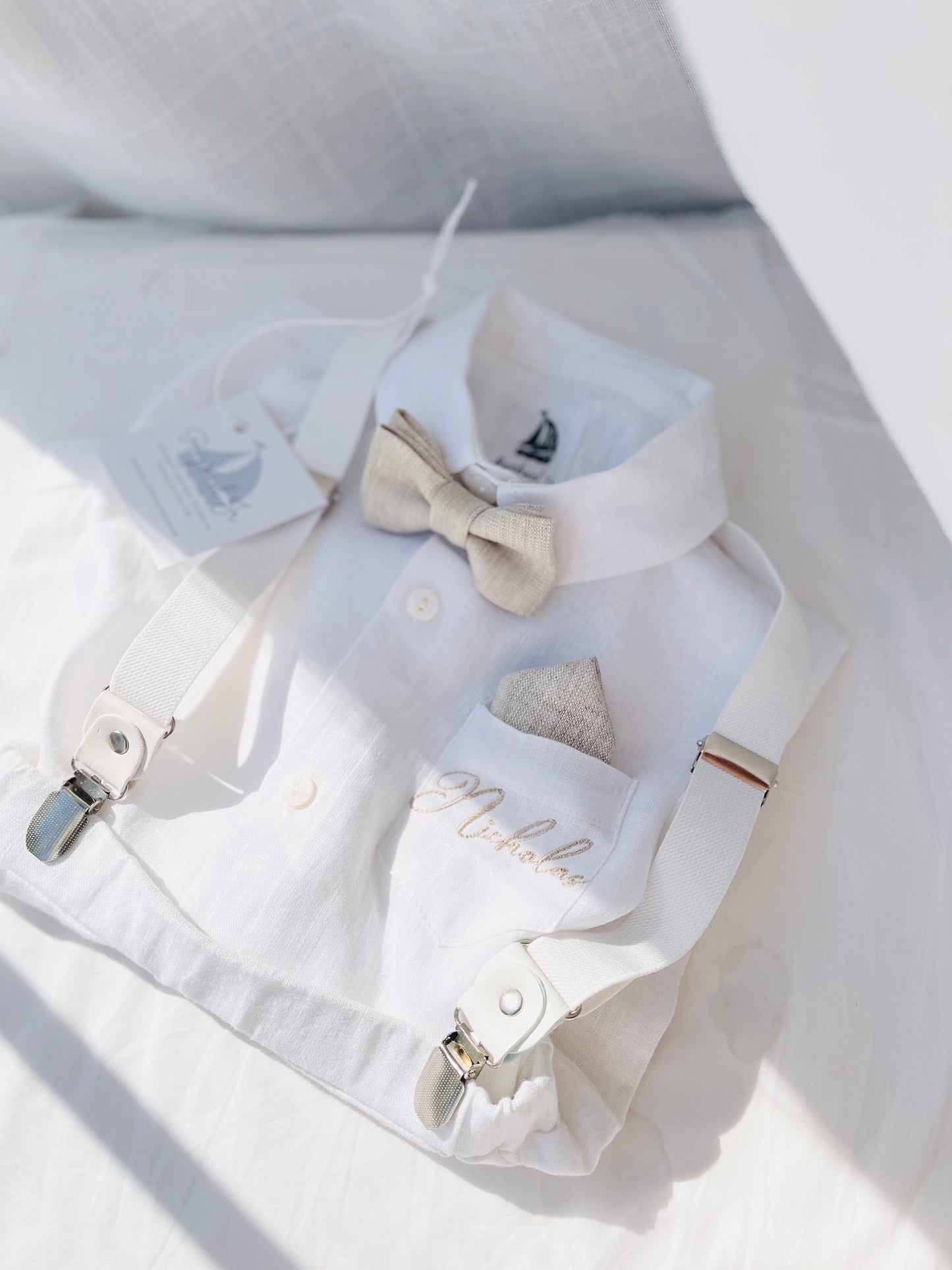 White linen Baptism suit set with pants, shirt, suspenders and bowtie plus optional extras