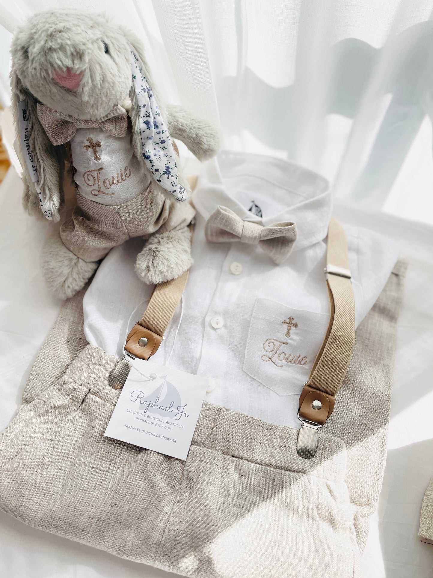 Beige linen pants and shirt set with bowtie and suspenders and optional personalisation