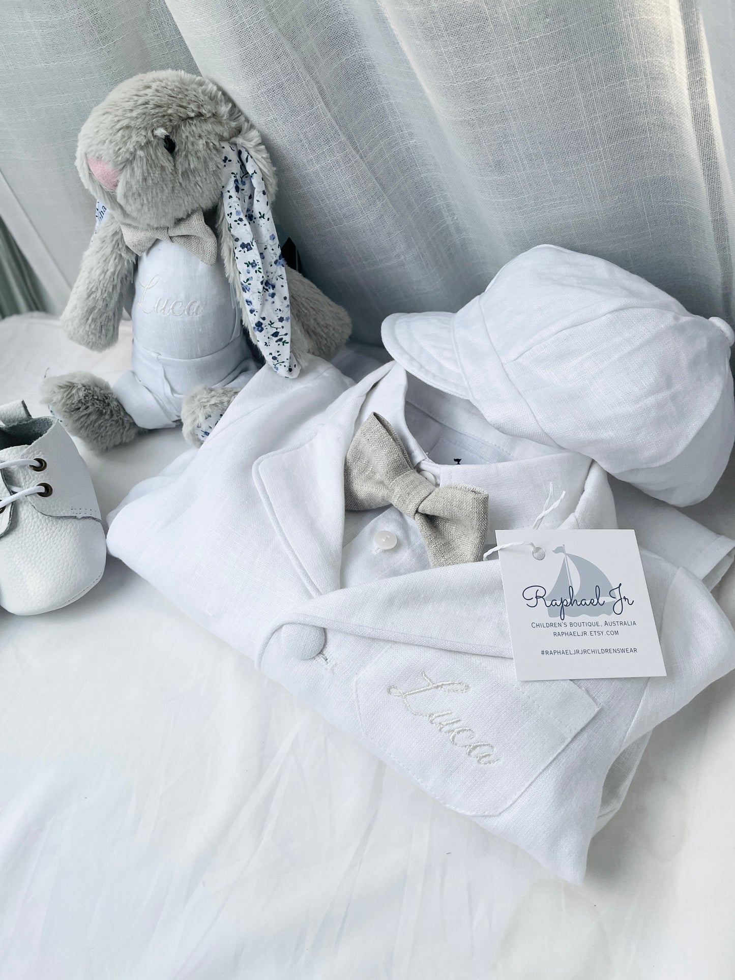 White linen Baptism suit set with pants, shirt, suspenders and bowtie plus optional extras