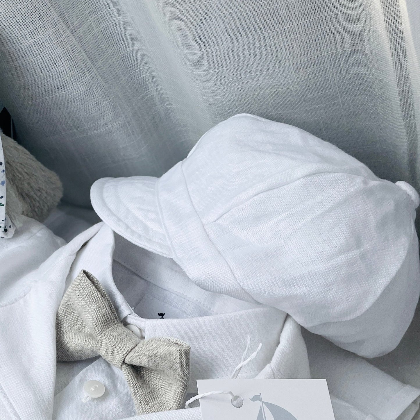 White linen summer Baptism suit set with shorts, shirt, suspenders and bowtie plus optional extras