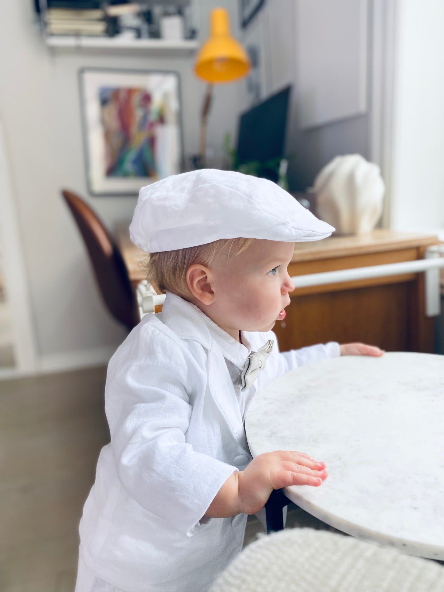 White linen summer Baptism suit set with shorts, shirt, suspenders and bowtie plus optional extras